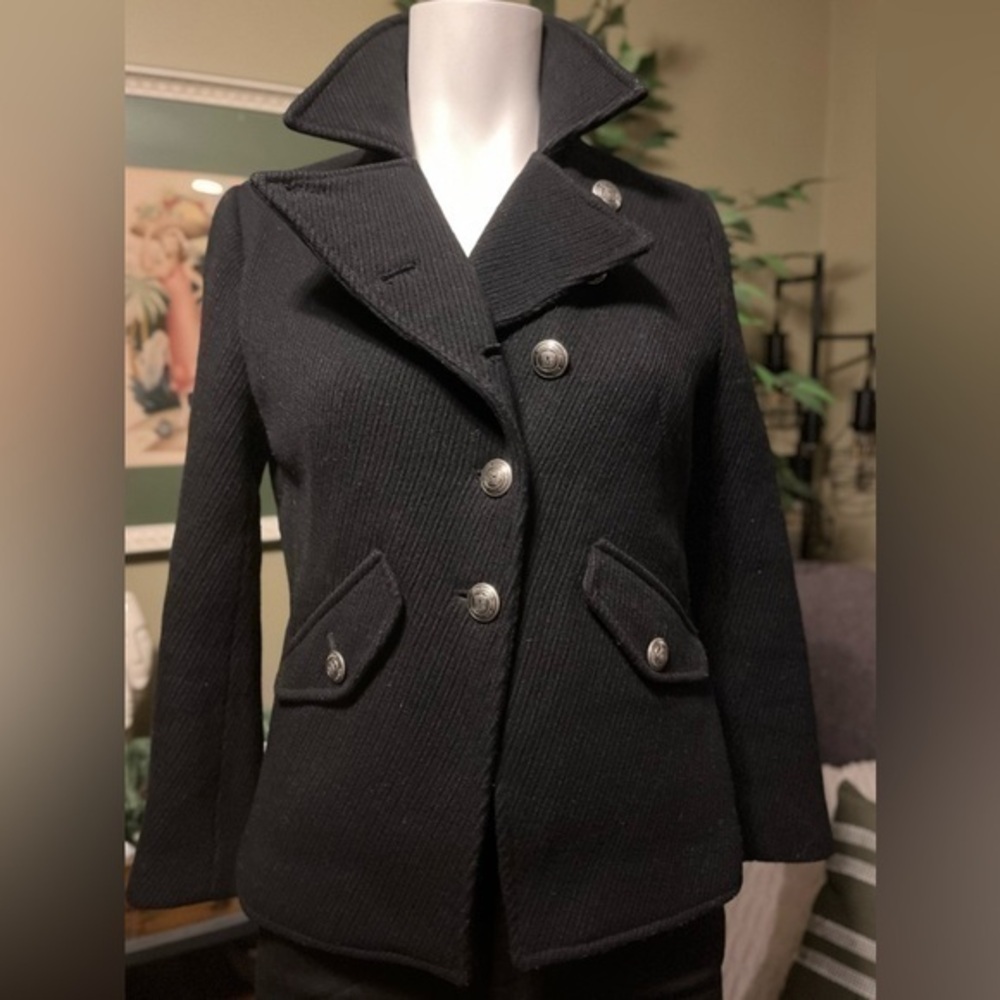 Club Monaco Black Pea Coat with Silver Buttons